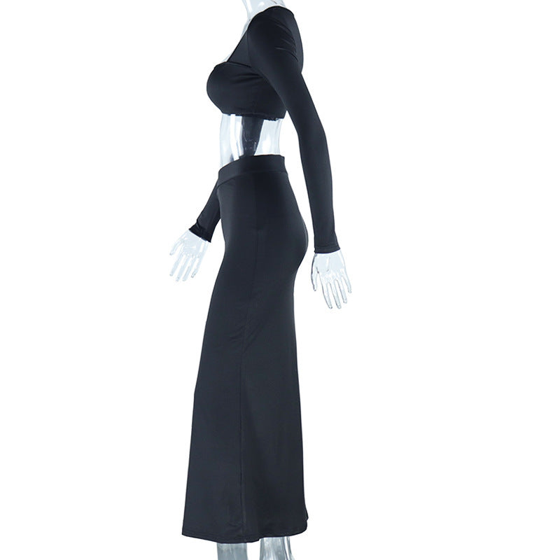 Wrapped Chest Square Collar Top & Long Sleeve Navel Skirt