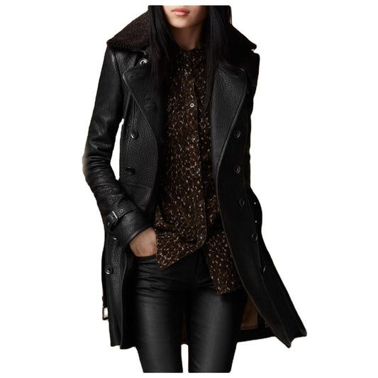 British Style Faux Fur Collar Leather Coat Mid-length