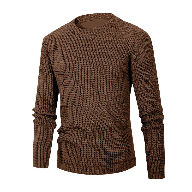 Men's Solid Color Textured Long Sleeve Round Neck Base Sweater