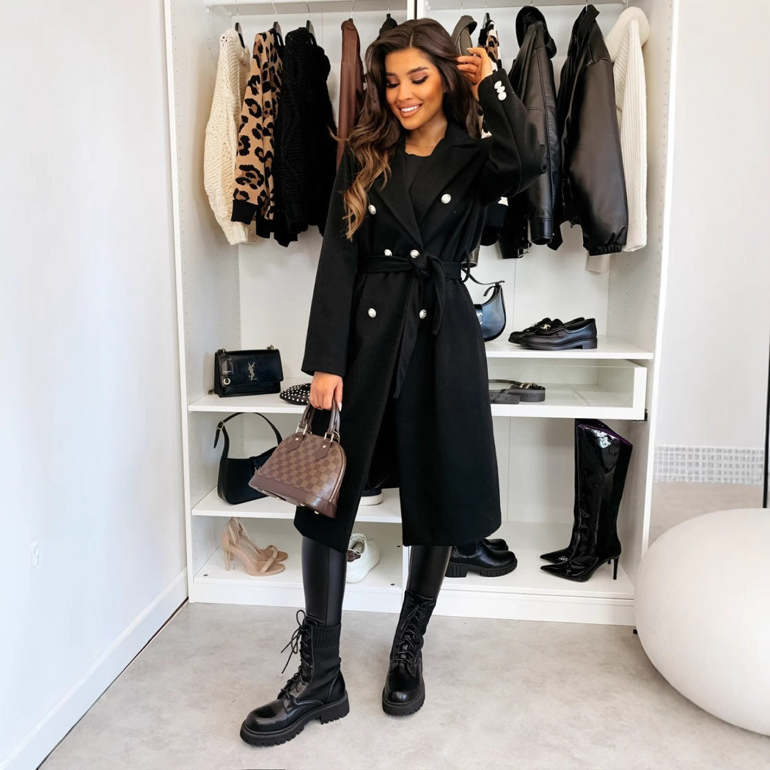 Double-breasted Mid-Length Woolen Coat