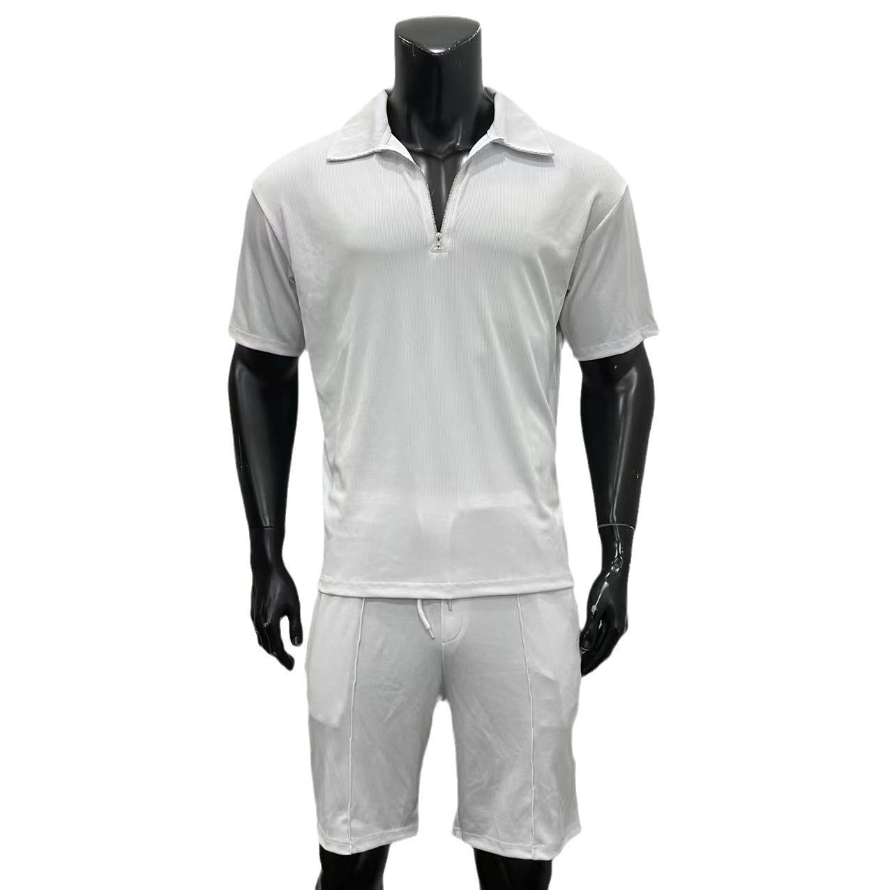 Men's Zipper Polo Casual Short-sleeved Shirt & Shorts Set