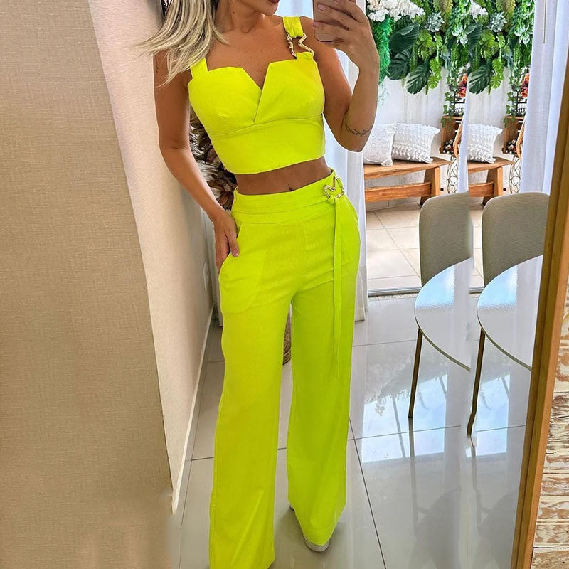 Fluorescent V-Cut Top & High Waist Wide Leg Pant Suit