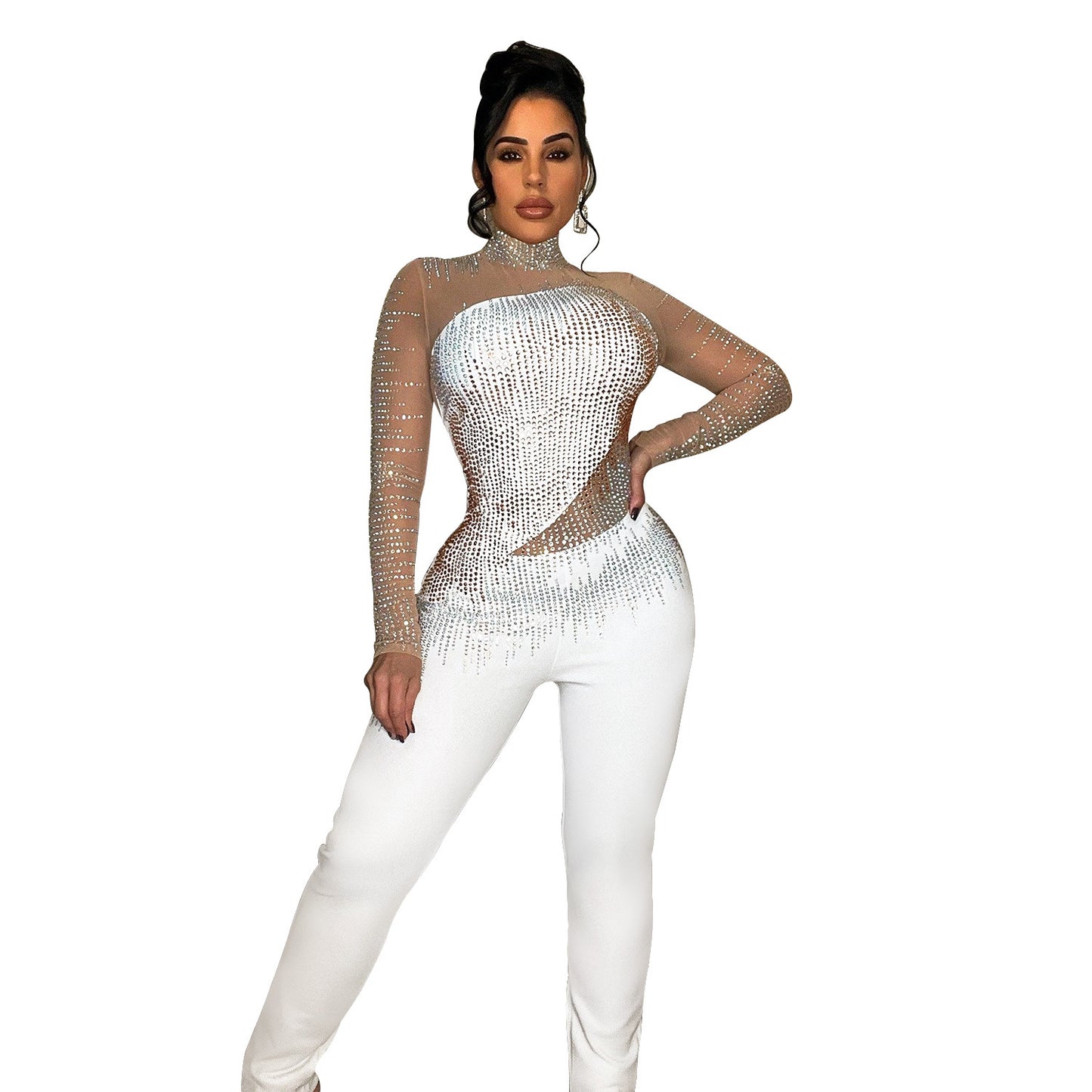 Mesh Rhinestone Long-sleeved Jumpsuit