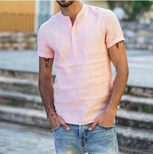 Cotton and linen short-sleeved shirt