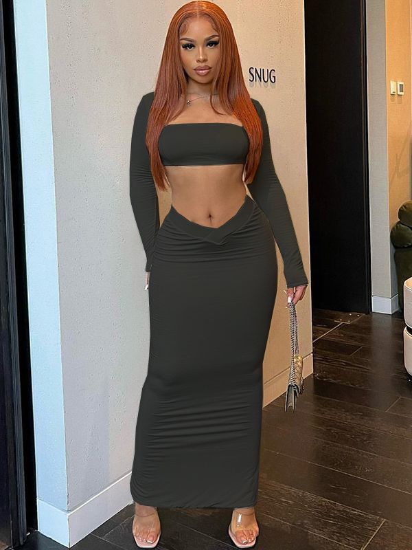 Wrapped Chest Square Collar Top & Long Sleeve Navel Skirt