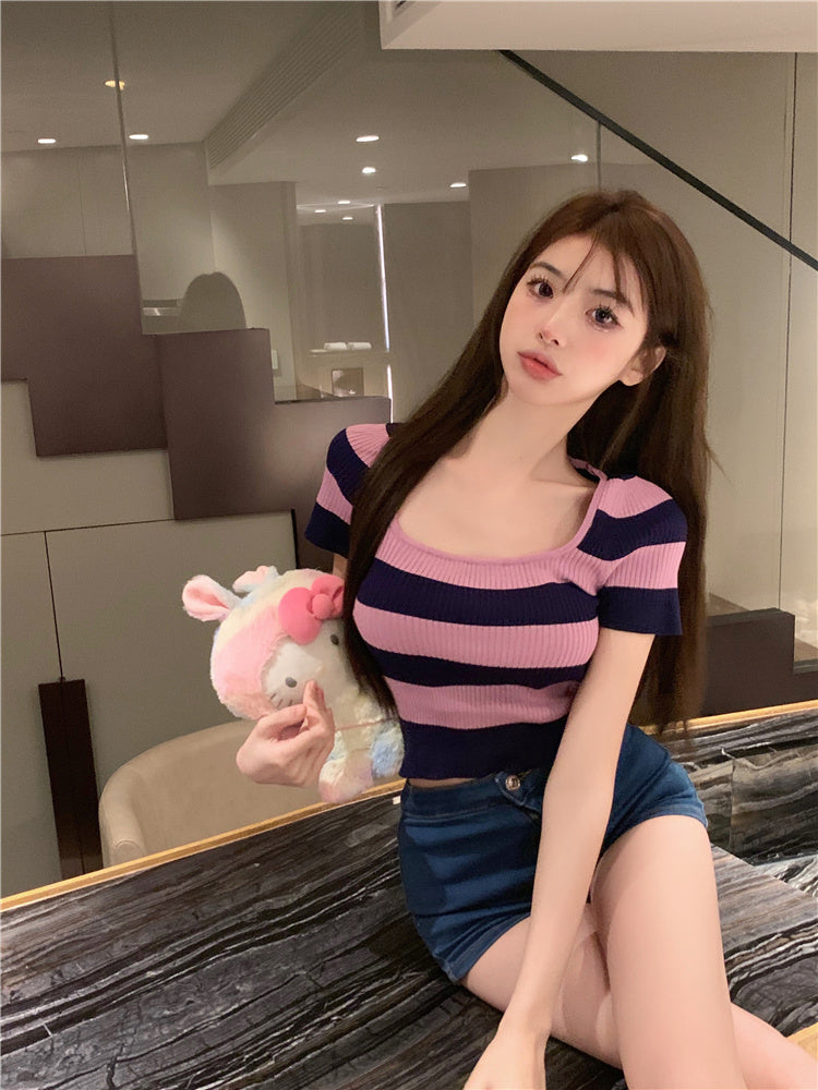 Women's Striped Short Sleeve Knitted Shirt