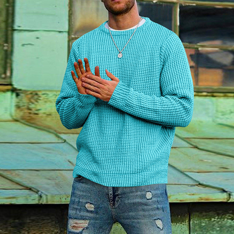Men's Solid Color Textured Long Sleeve Round Neck Base Sweater