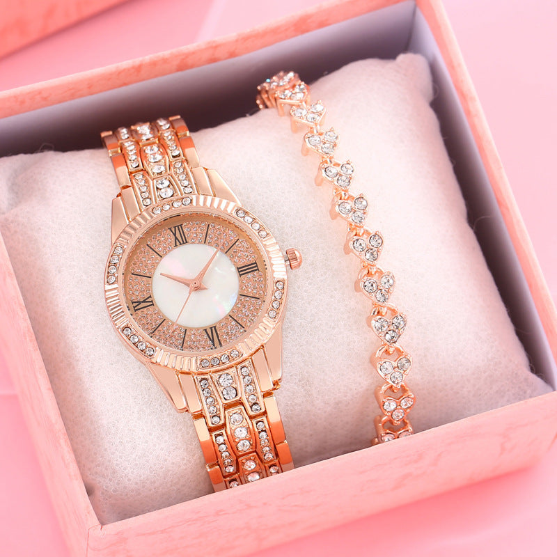 Diamond-embedded Elegant Bracelet & Luxury Quartz Watch Set