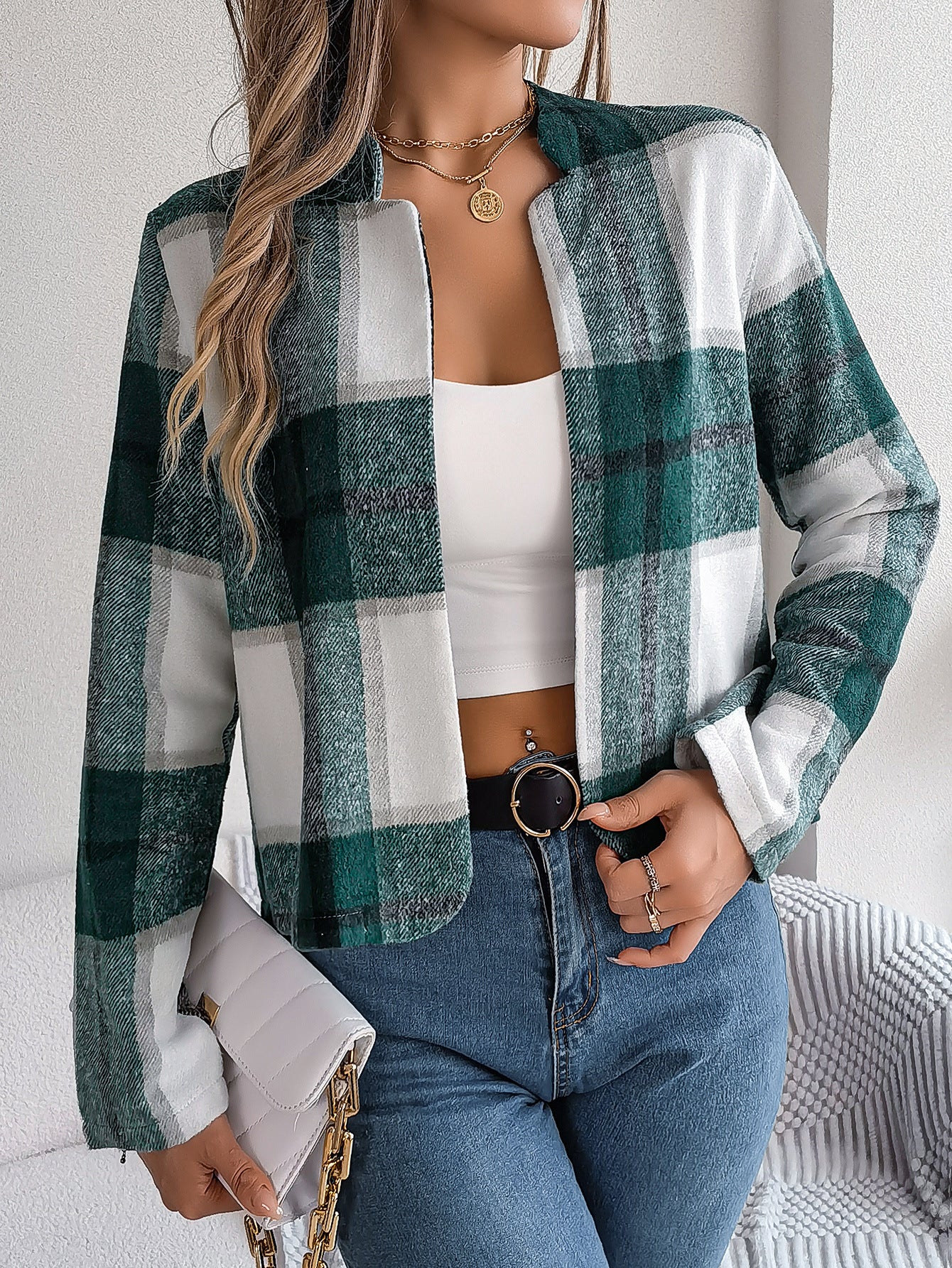 Plaid Long Sleeve Woolen Top