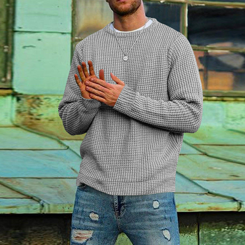 Men's Solid Color Textured Long Sleeve Round Neck Base Sweater