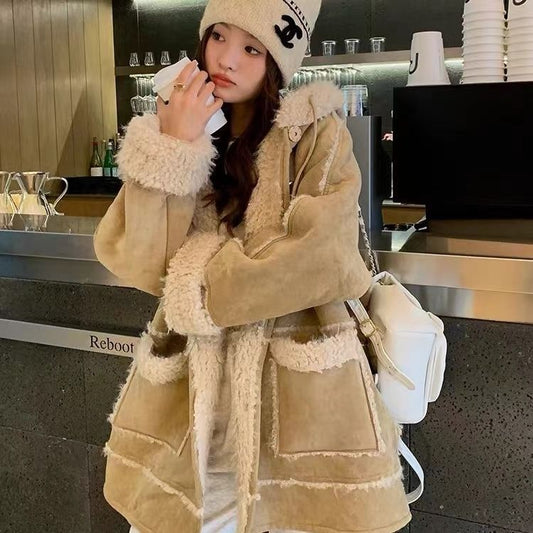 Hooded Suede Fur Lamb Warm Coat
