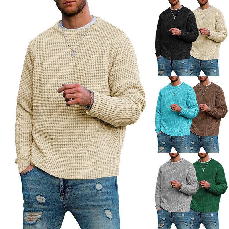 Men's Solid Color Textured Long Sleeve Round Neck Base Sweater