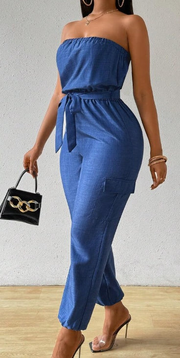 Casual Denim-Look Strapless Jumpsuit With Utility Design