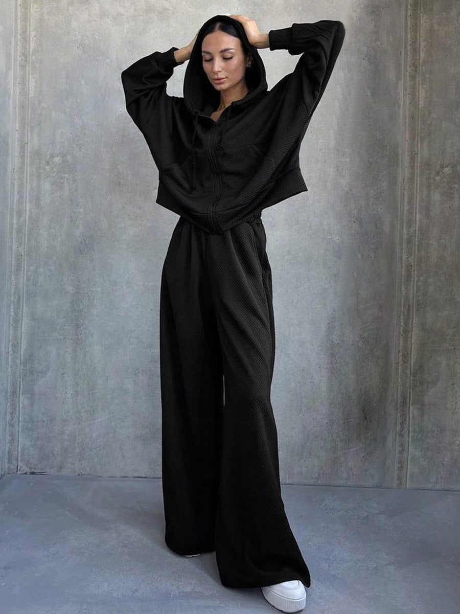 Women's Hooded Sweater & High Waist Wide Leg Pants Two-piece Set