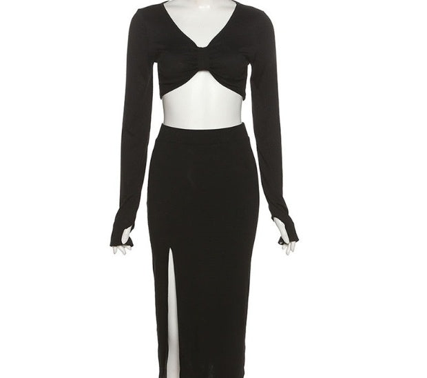 Long Sleeve T-shirt High Slit Skirt Two-piece Set
