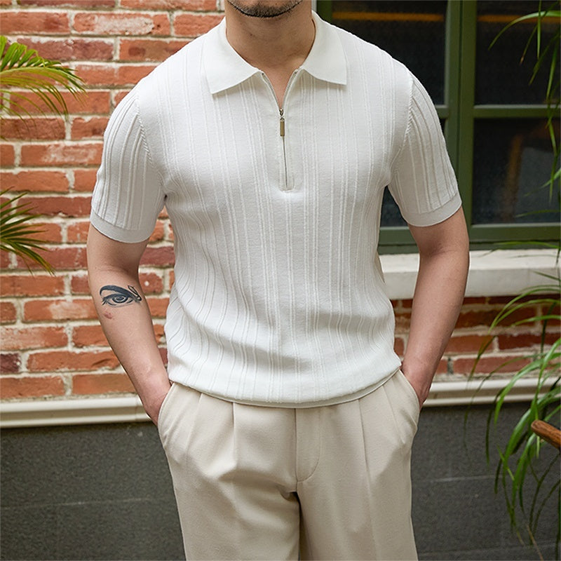 Slim Fit Sunken Stripe Knitwear Short Sleeve Shirt