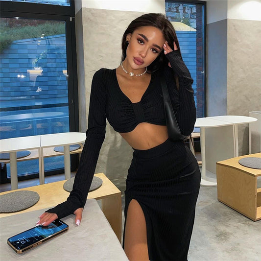 Long Sleeve T-shirt High Slit Skirt Two-piece Set