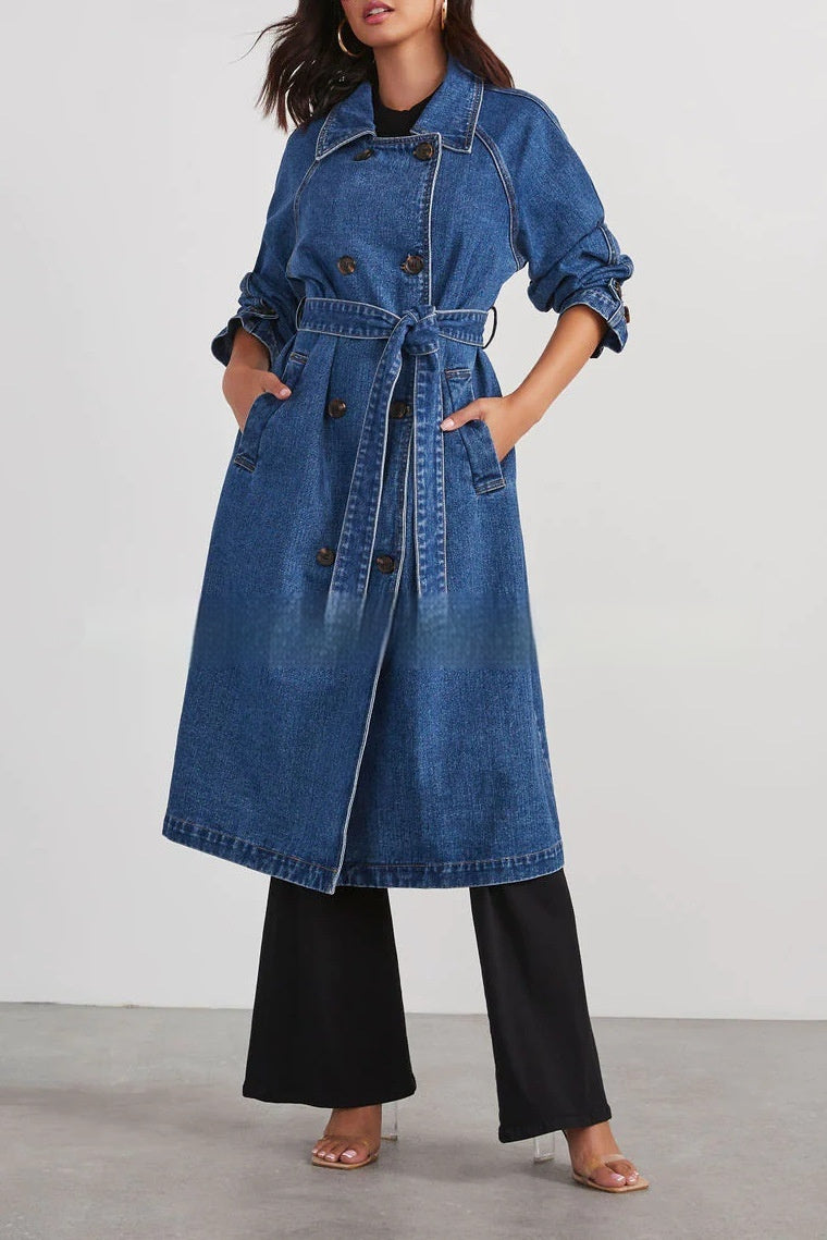Women's Windbreaker Denim Cotton Double Pocket Long Coat