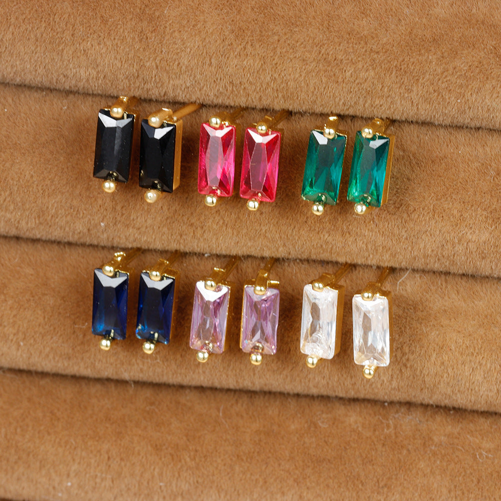 Small Square Multicolor Zircon Silver Stud Earrings