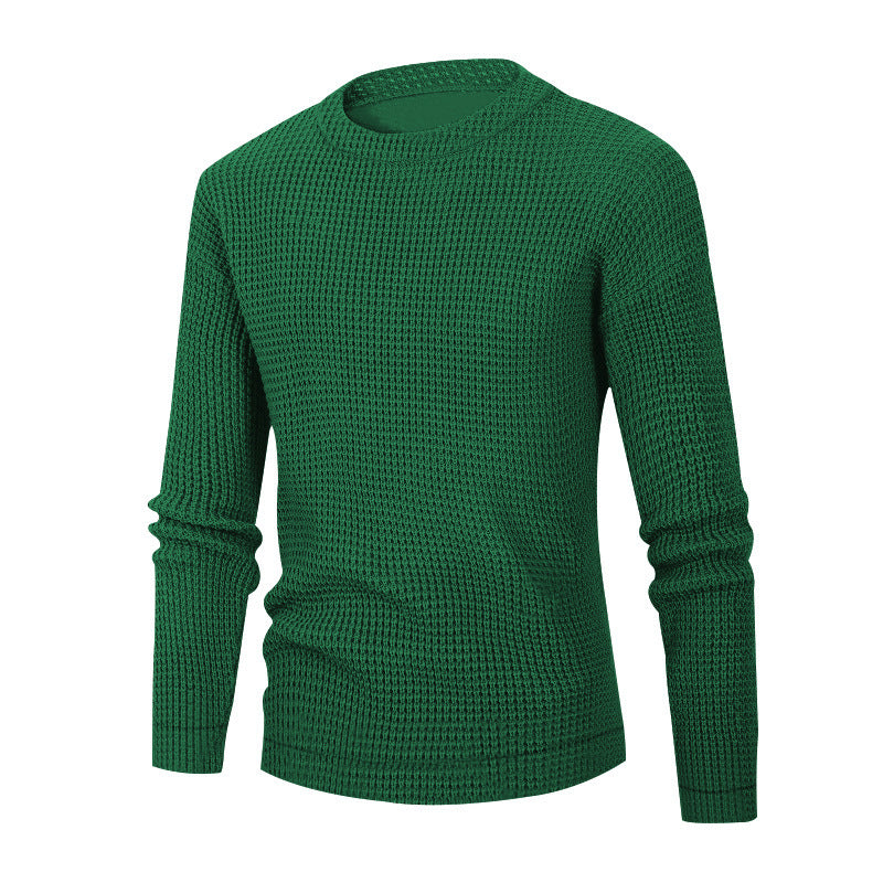 Men's Solid Color Textured Long Sleeve Round Neck Base Sweater