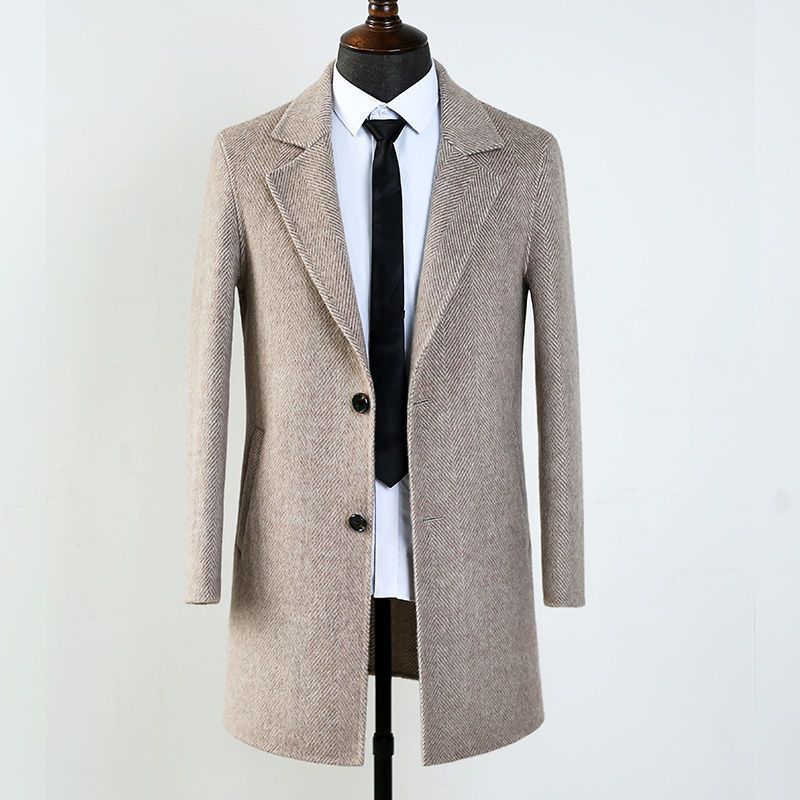 Wool Overcoat Mid-length Herringbone Pattern Jacket