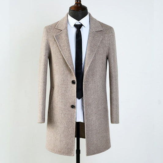 Wool Overcoat Mid-length Herringbone Pattern Jacket