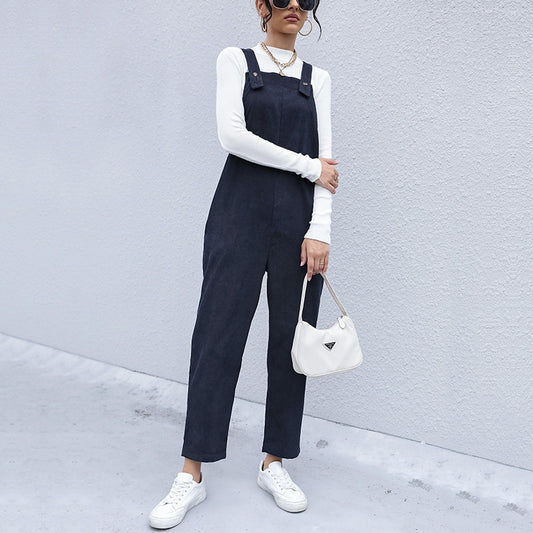 Corduroy Loose Solid Color Suspender Overall Pants