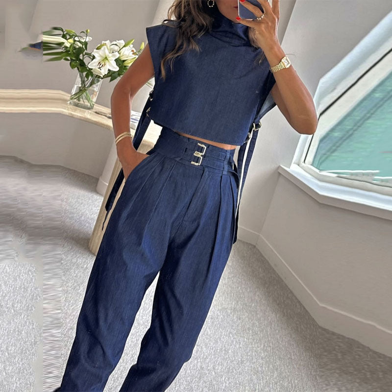 Turtleneck Short Sleeve Pant Suit
