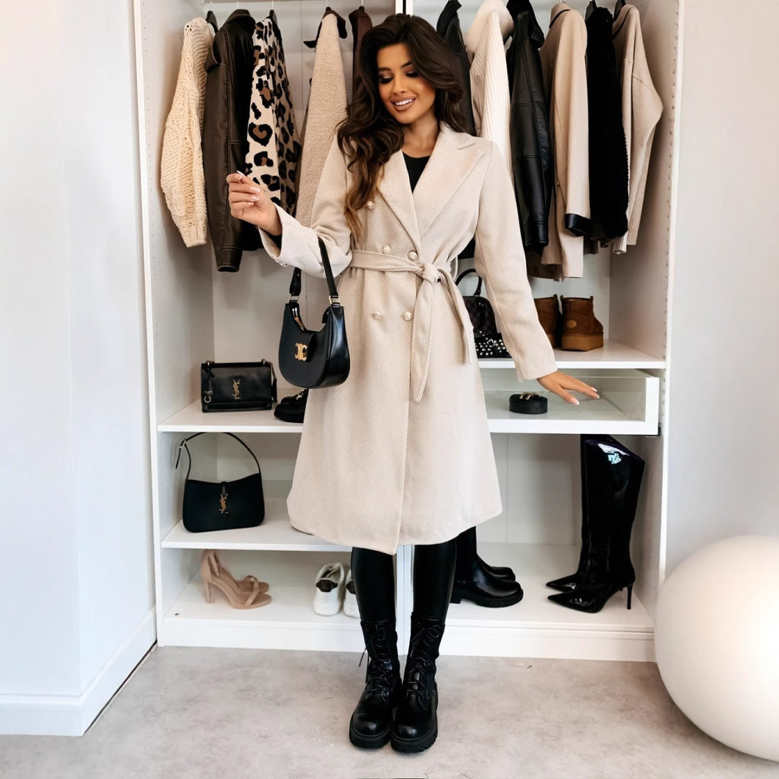 Double-breasted Mid-Length Woolen Coat