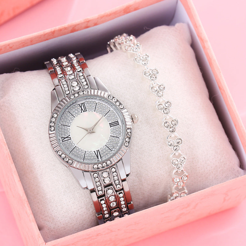 Diamond-embedded Elegant Bracelet & Luxury Quartz Watch Set