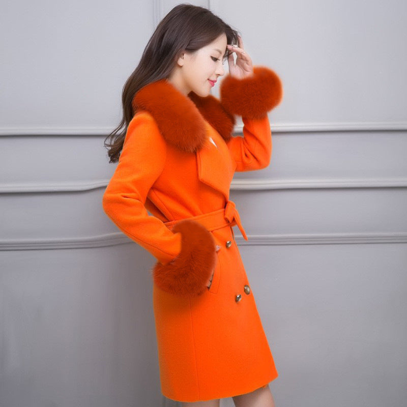 Fur Collar Warm Mid-length With Belt Coat