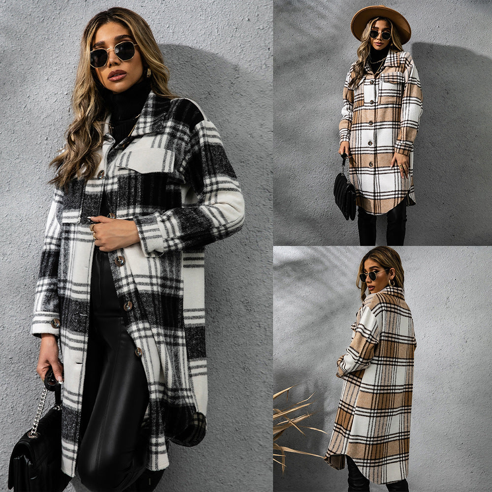Plaid Single Row Button Coarse Wool Light Coat