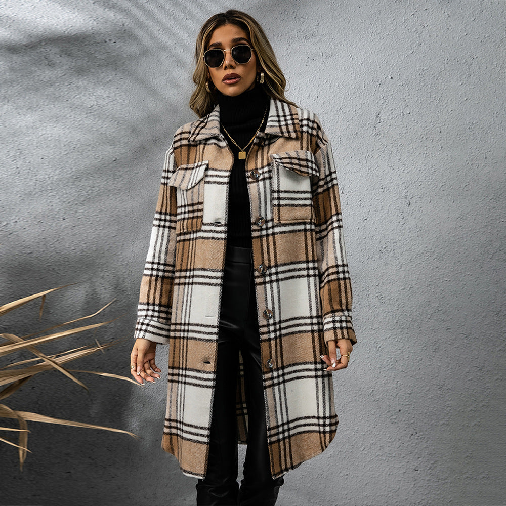 Plaid Single Row Button Coarse Wool Light Coat