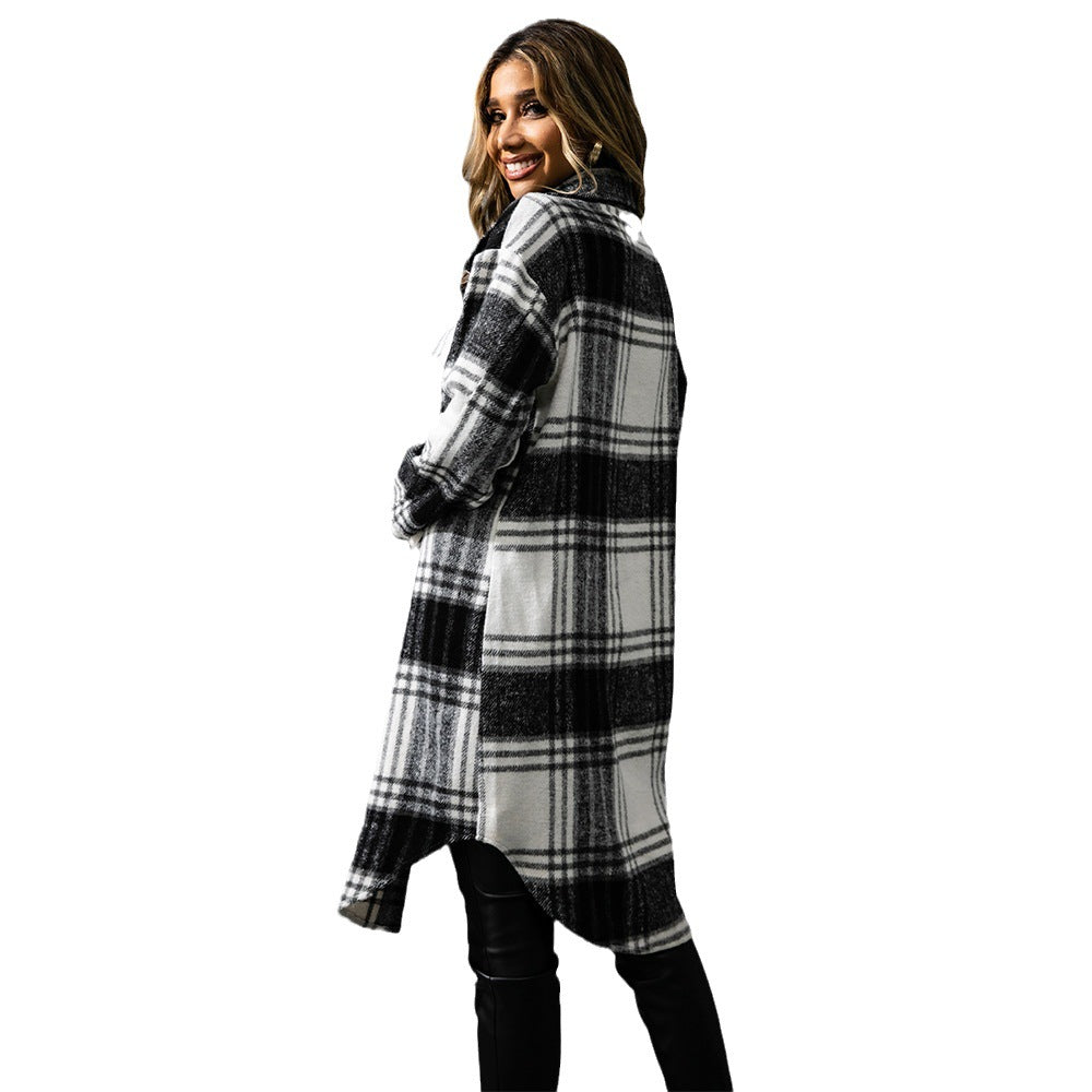 Plaid Single Row Button Coarse Wool Light Coat