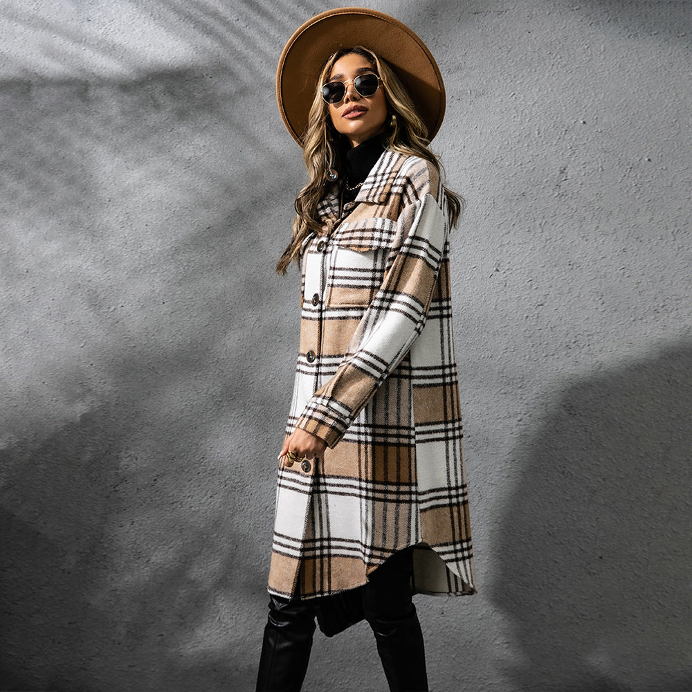 Plaid Single Row Button Coarse Wool Light Coat