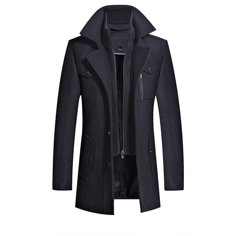 Zipper Double Collar Woolen Trench Coat