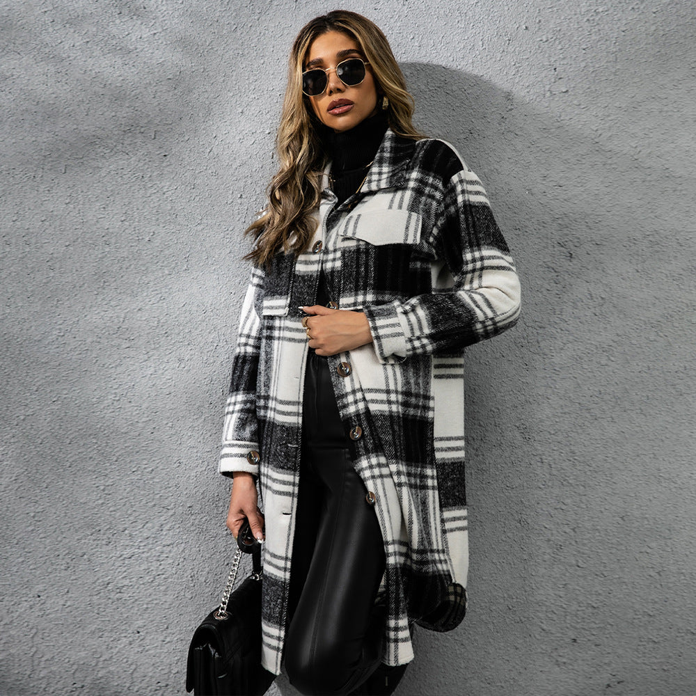 Plaid Single Row Button Coarse Wool Light Coat