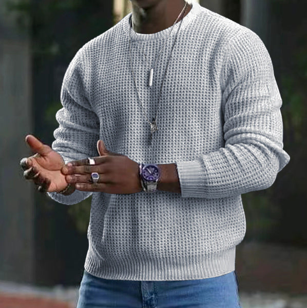 Men's Solid Color Textured Long Sleeve Round Neck Base Sweater