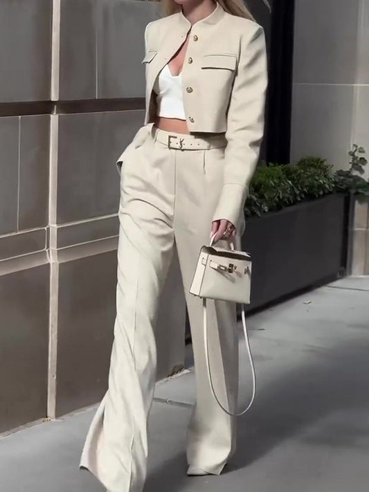 Business Casual Long-sleeved Top High-waisted Wide-leg Pants Suit