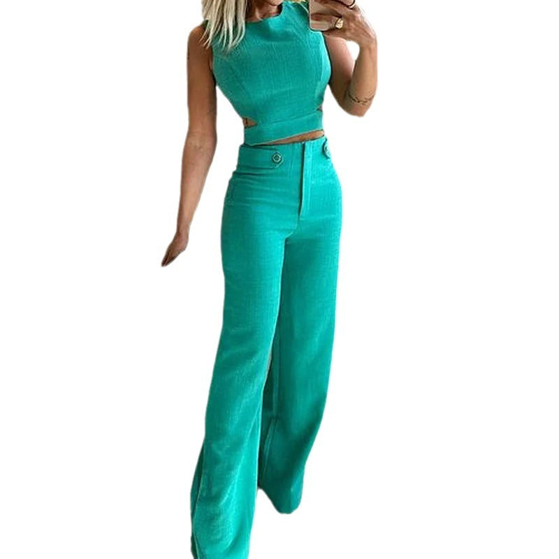 Cutout Short Top & High Waist Flare Leg Pants 2-Piece Set