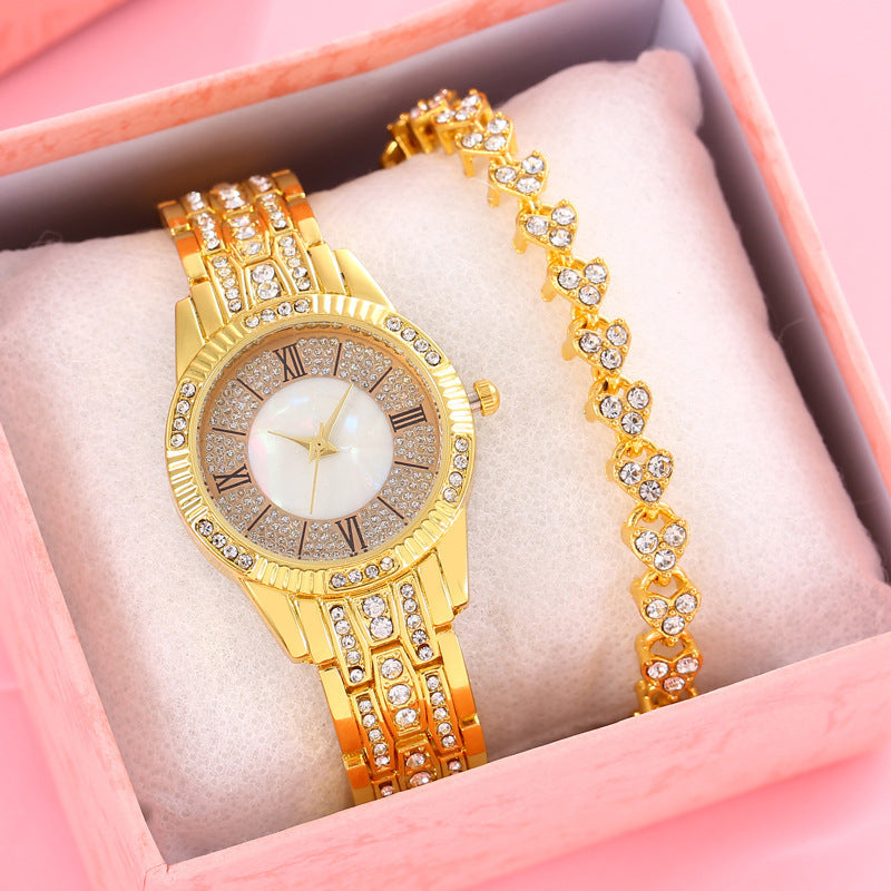Diamond-embedded Elegant Bracelet & Luxury Quartz Watch Set