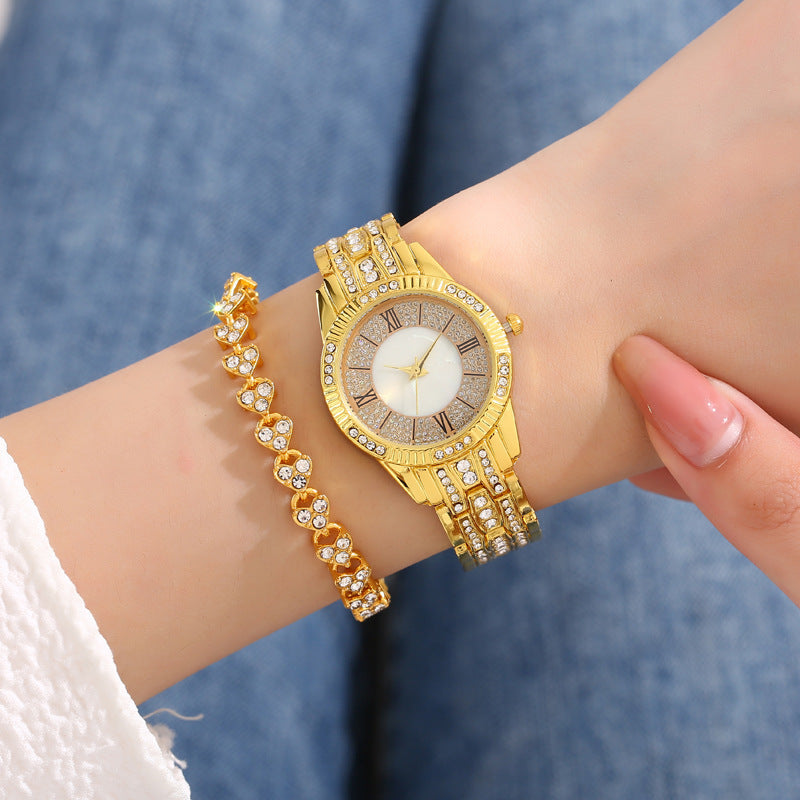Diamond-embedded Elegant Bracelet & Luxury Quartz Watch Set