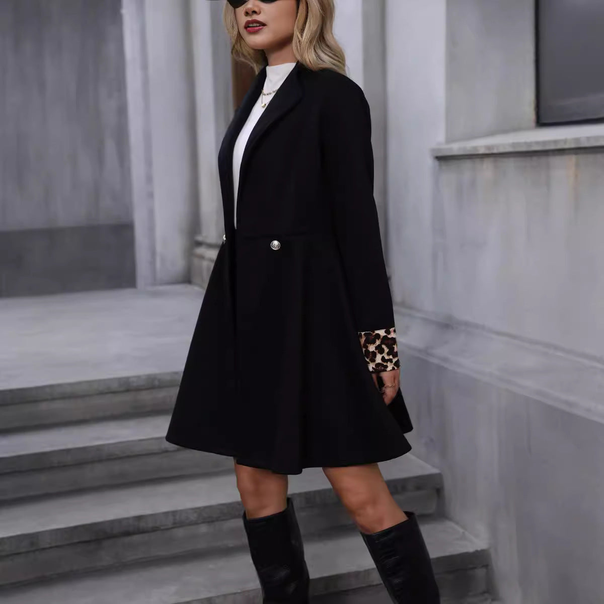 Leopard Print Cuff Black Button Coat