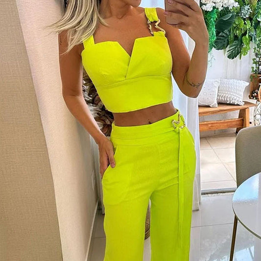 Fluorescent V-Cut Top & High Waist Wide Leg Pant Suit