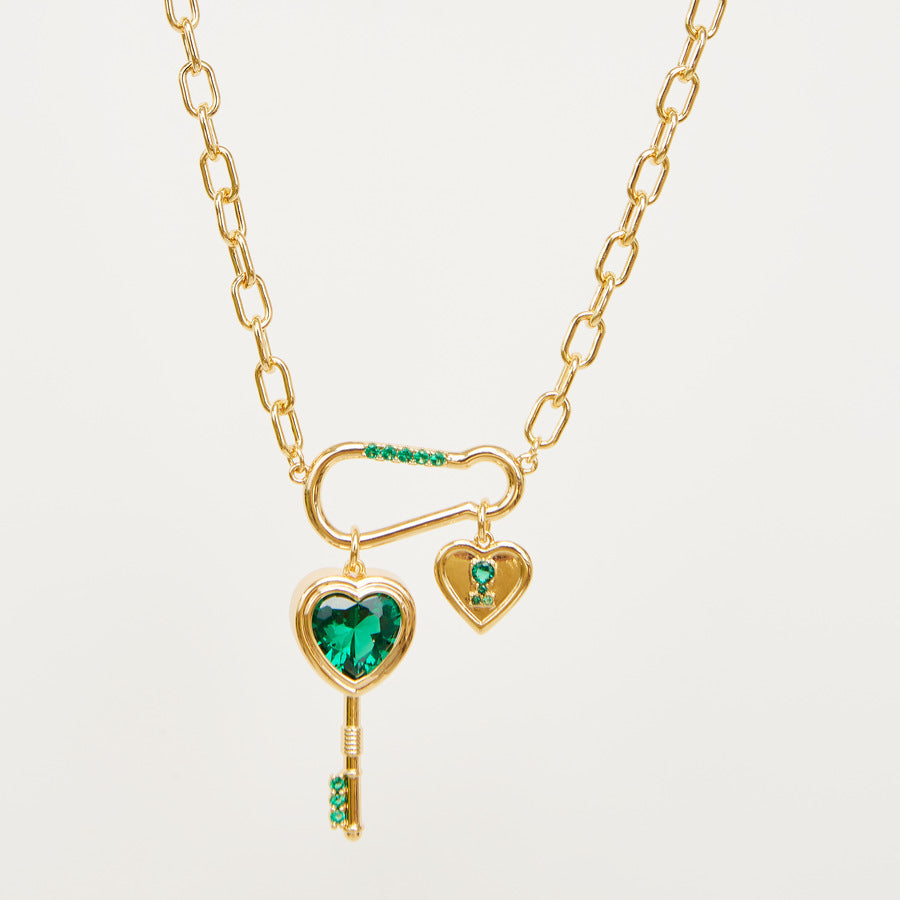 Emerald Love Key Inlaid Zircon Pendant Necklace