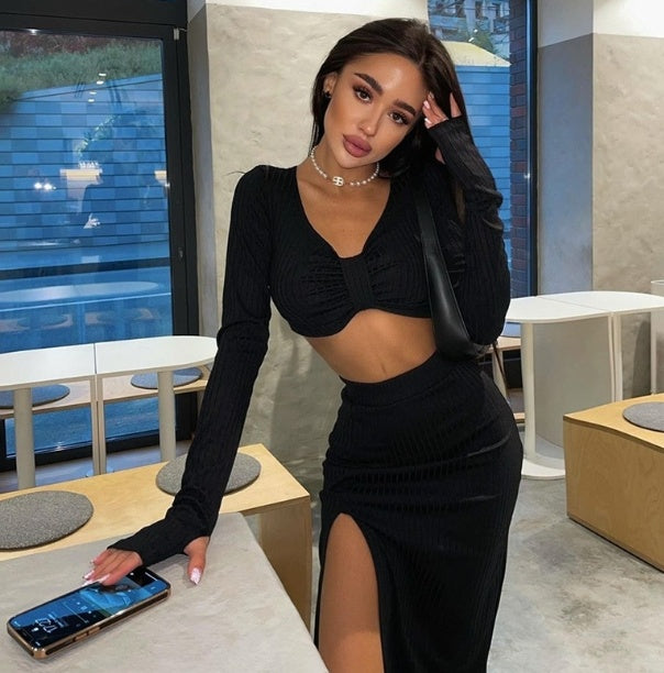 Long Sleeve T-shirt High Slit Skirt Two-piece Set