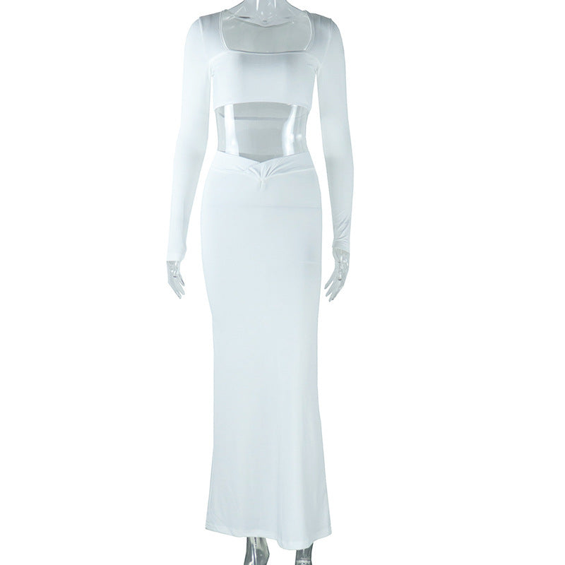 Wrapped Chest Square Collar Top & Long Sleeve Navel Skirt