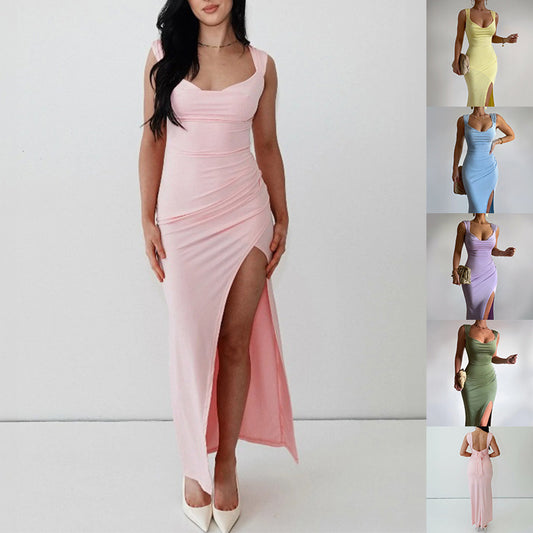 Slim Sleeveless Slit With Back Tie Design Dress