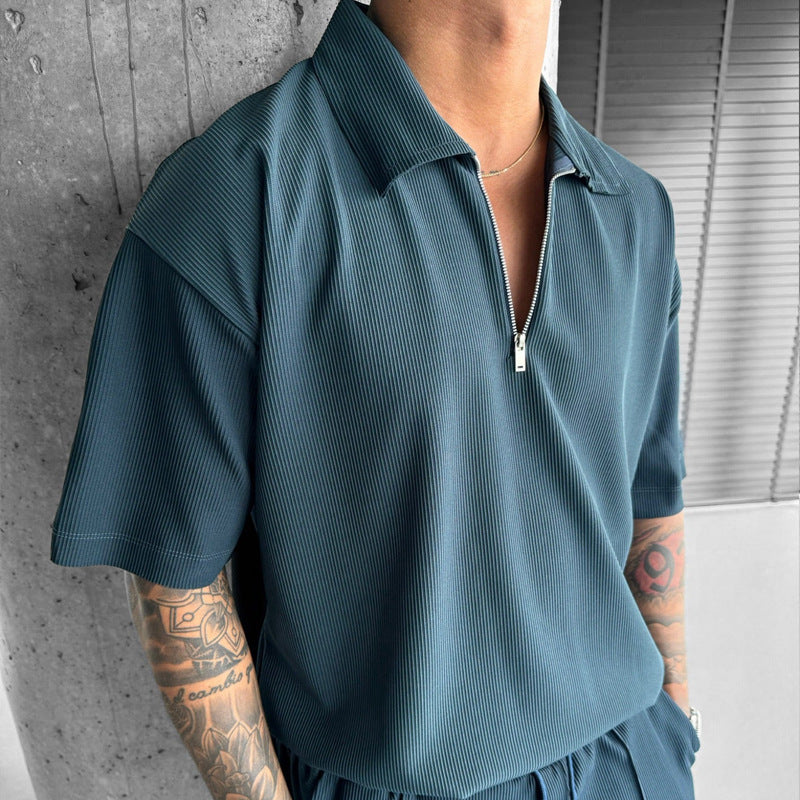 Men's Zipper Polo Casual Short-sleeved Shirt & Shorts Set