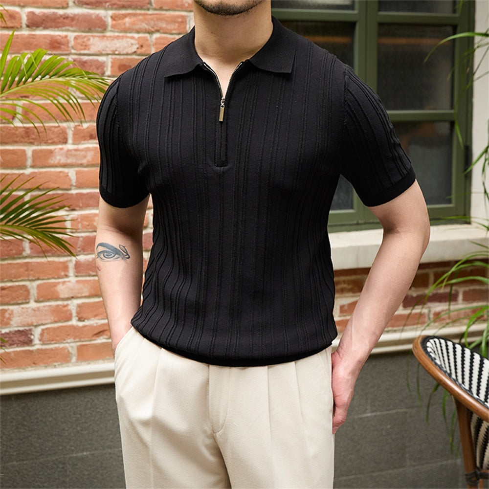 Slim Fit Sunken Stripe Knitwear Short Sleeve Shirt